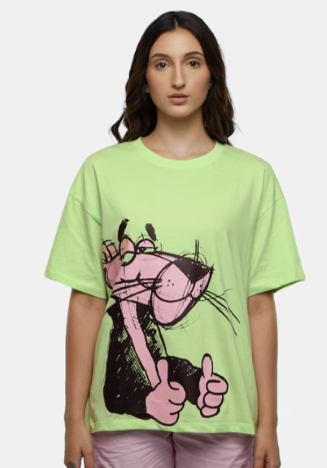 Green Pink Panther Printed Pure Cotton Oversized T-shirt