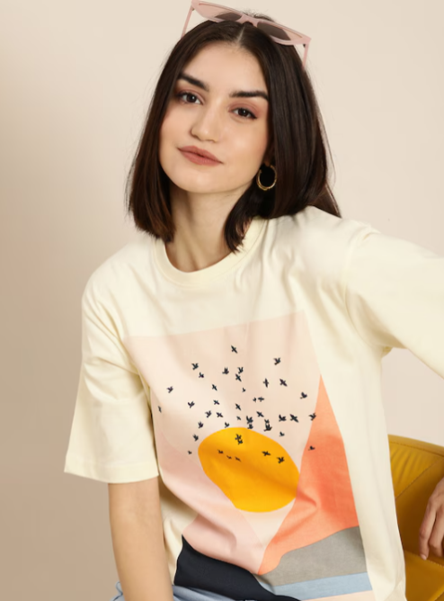 Women Cream-Closured Printed Cotton Oversized Pure Cotton T-shirt