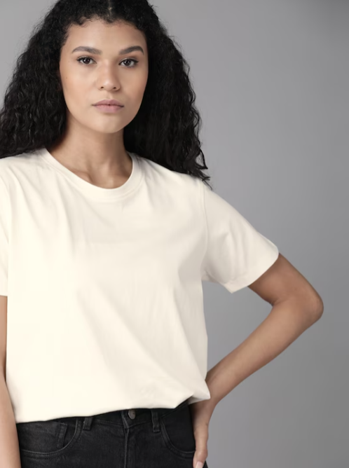 Women Off-White Solid Round Neck T-shirt