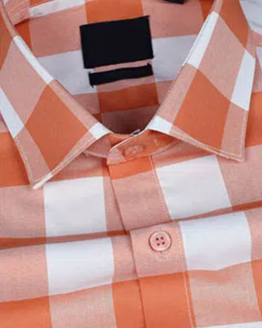 Bright White And Orange Checkered Dobby Textured Premium Giza Cotton Shirt