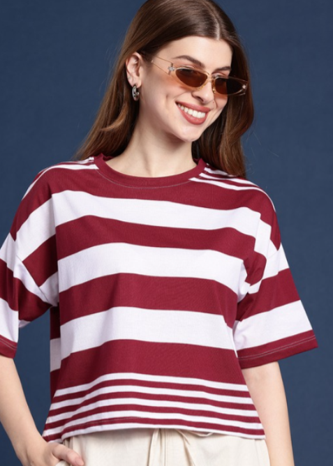 Striped Drop-Shoulder Sleeves Boxy T-shirt